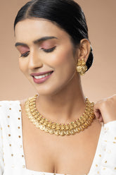 24K Gold Plated Temple Necklace Set with Lakshmi Design, Ruby, and Emerald Stones