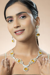 Rhodium-Plated American Daimond Yellow Sapphire Necklace Set Studded with Cz Stones