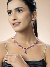 Red Stone American Diamond Cz-Cubic Zirconia Necklace Set with Stylish Earrings