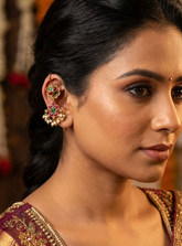 24K Gold Plated Floral Long Earrings with Red and Green Stone