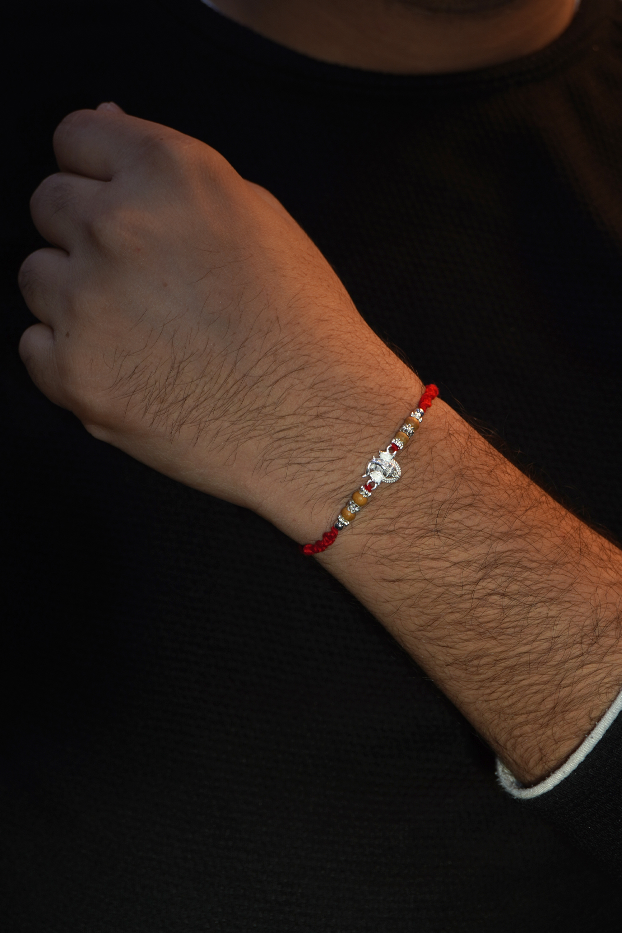 925 Sterling Silver Ganesha Dome & Om Rakhi with Beads - Silver Rakhi Bracelet