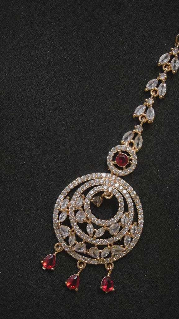 American Diamond Rose Gold Plated Red Stones Studded Maangtikka - Bridal Maang Tikka Designs