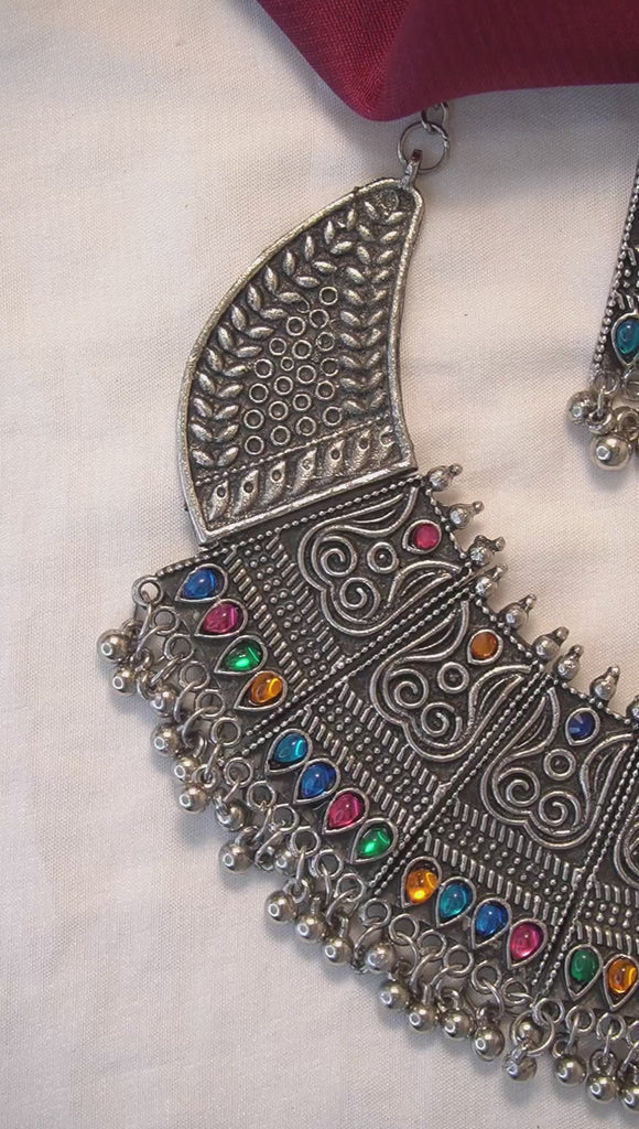 Multicolor Gems Studded Oxidized Necklace Set - Buy Oxidised Jewellery Necklace online