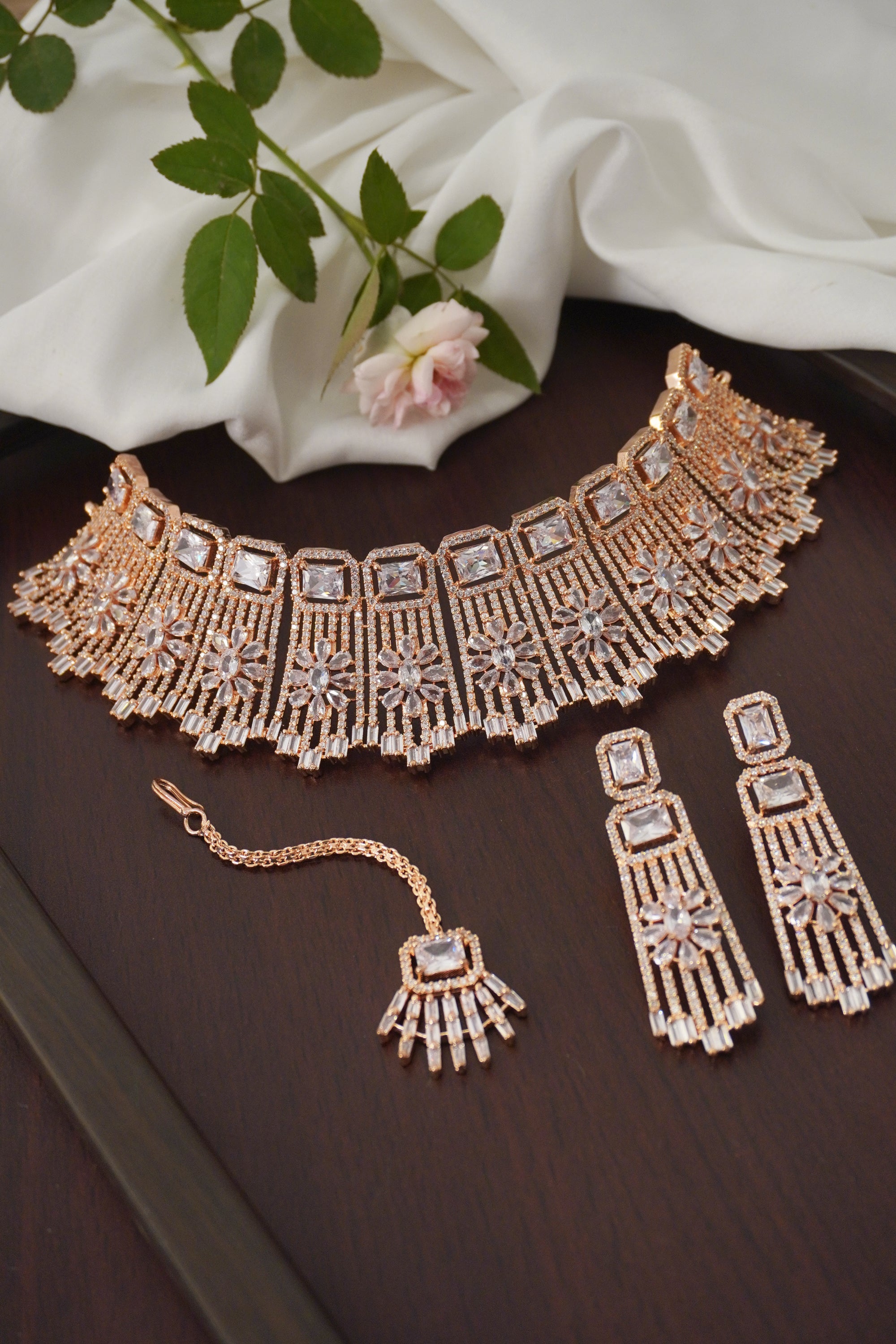 Rose gold American diamond necklace set