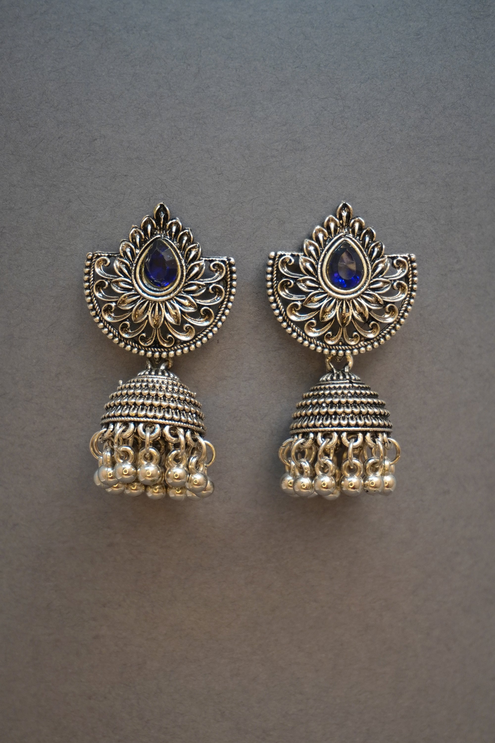 Blue Stone Oxidised Jhumki Earring Set for Women - Jhumki - Earrings Girls | Jewellery