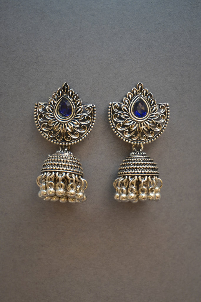 Blue Stone Oxidised Jhumki Earring Set for Women - Jhumki - Earrings Girls | Jewellery