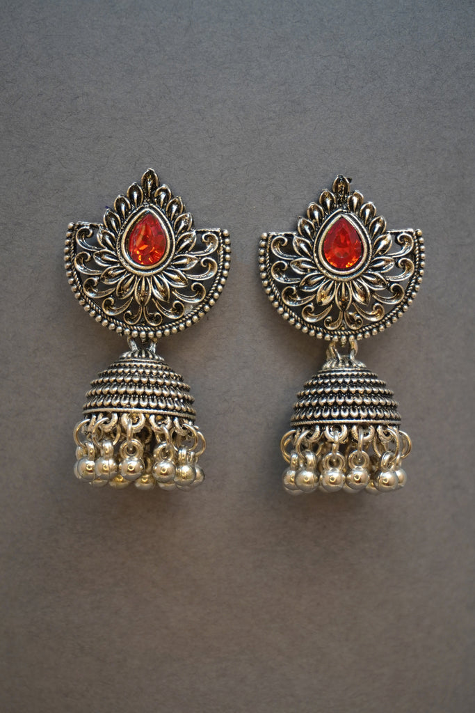 Red Stone Oxidised Jhumki Earring Set Online 