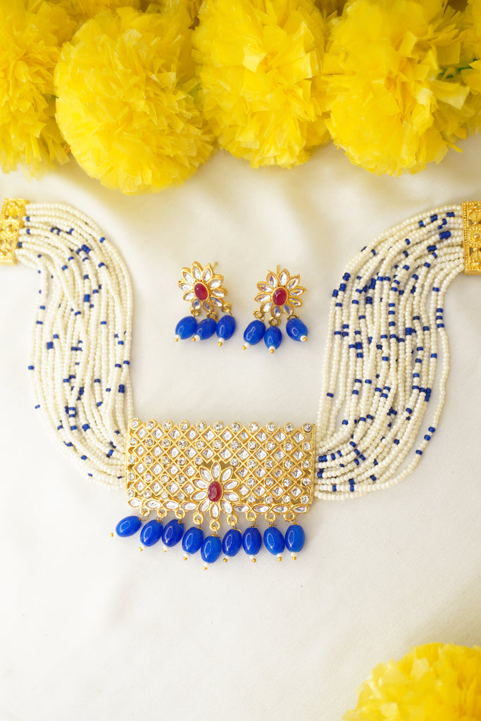 Blue Pearl Gold Plated Meenakari Choker Necklace Set - Engagement Wear Under 1000