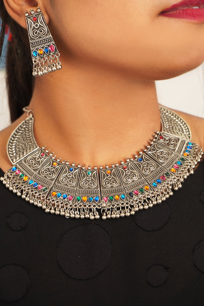 Multicolor Gems Studded Oxidized Necklace Set -  Necklace Ke Design