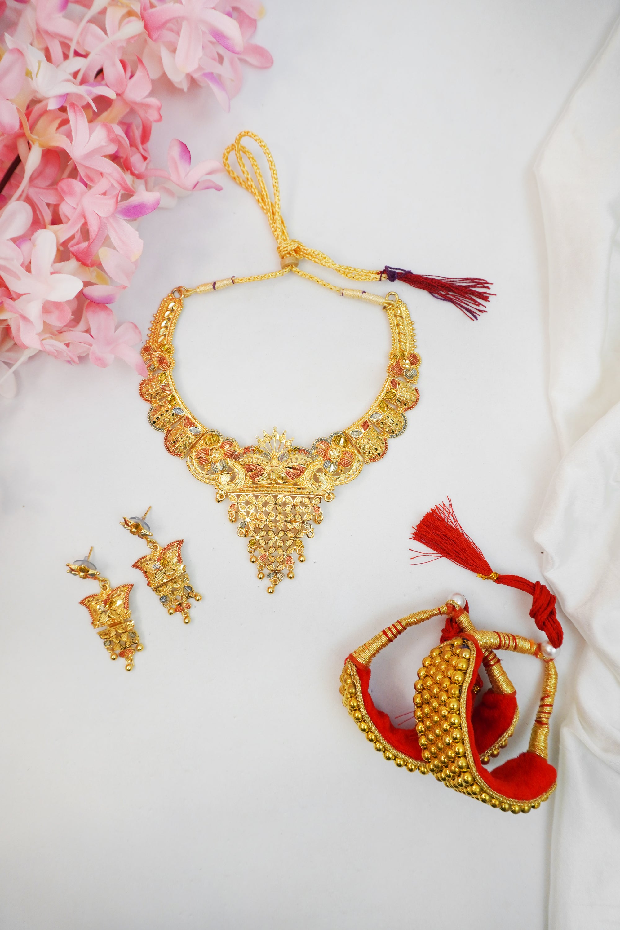Gold Plated Necklace Set with Ponchi Bangles Combo Set of 2