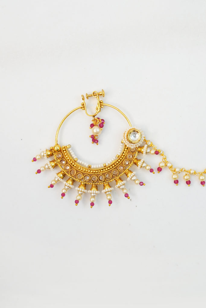 Pink Bead and Pearl 18K Gold Plated Nath