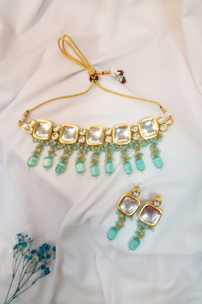 Blue Kundan Polki Choker Necklace Set with Earrings - Niscka