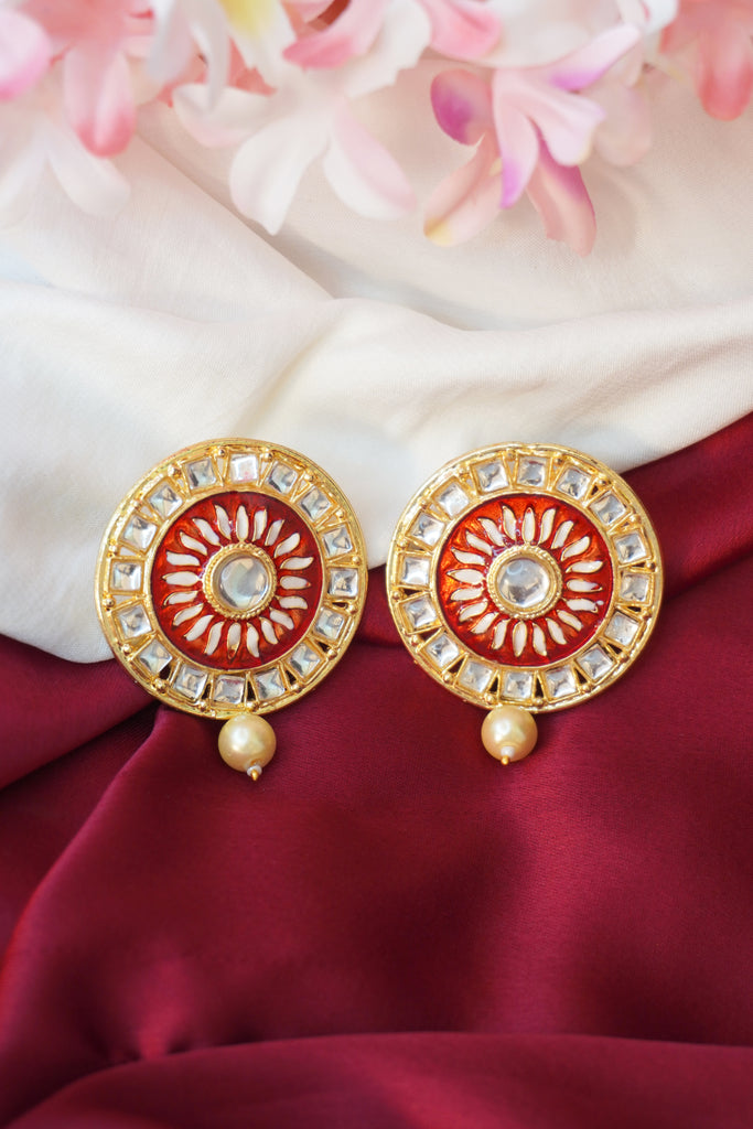 Red Meenakari Big Stud with Kundan Stone and Pearl Earring - Earrings for girls Simple