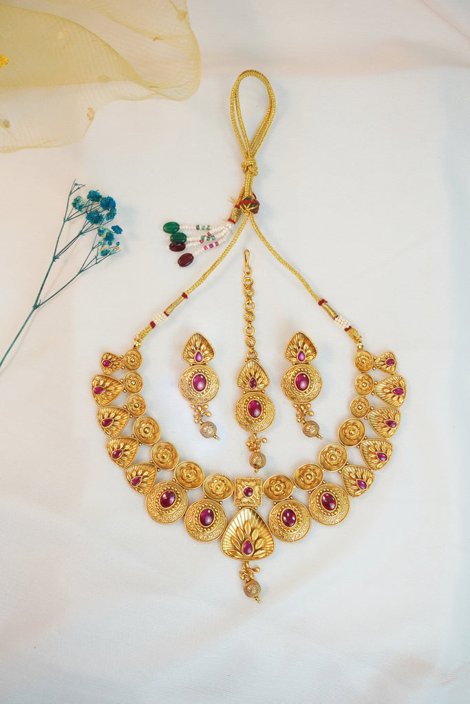 Traditional Gold Plated Stone Necklace Set With Maang Tikka - Red Stone Choker Necklace