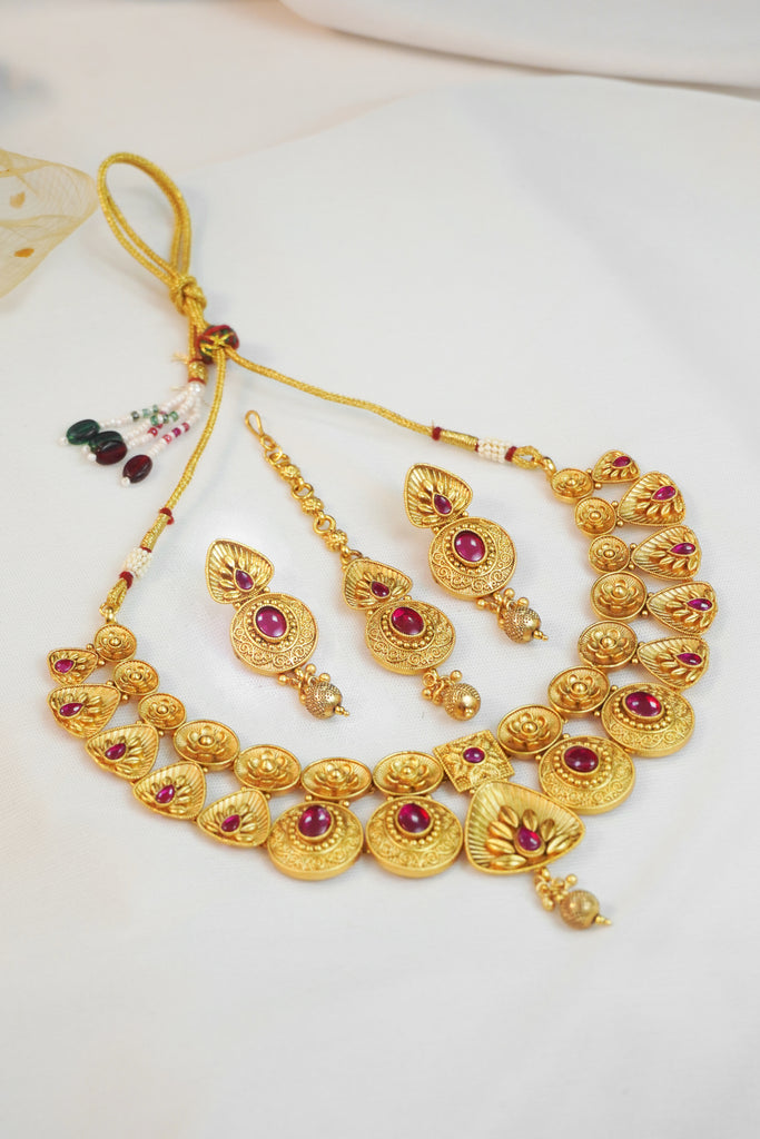 Gold Plated Red Stone Choker Set with Maangtikka Traditional - Choker Necklace for Lehenga