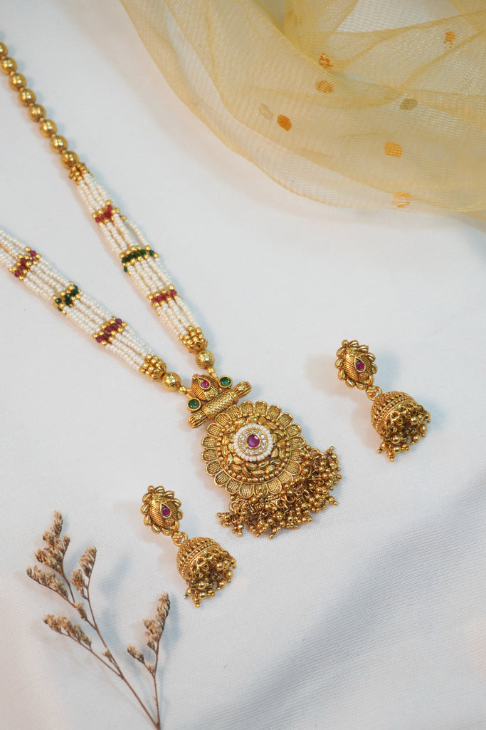 Gold Plated Long Traditional Necklace Set - Traditional Necklace Designs