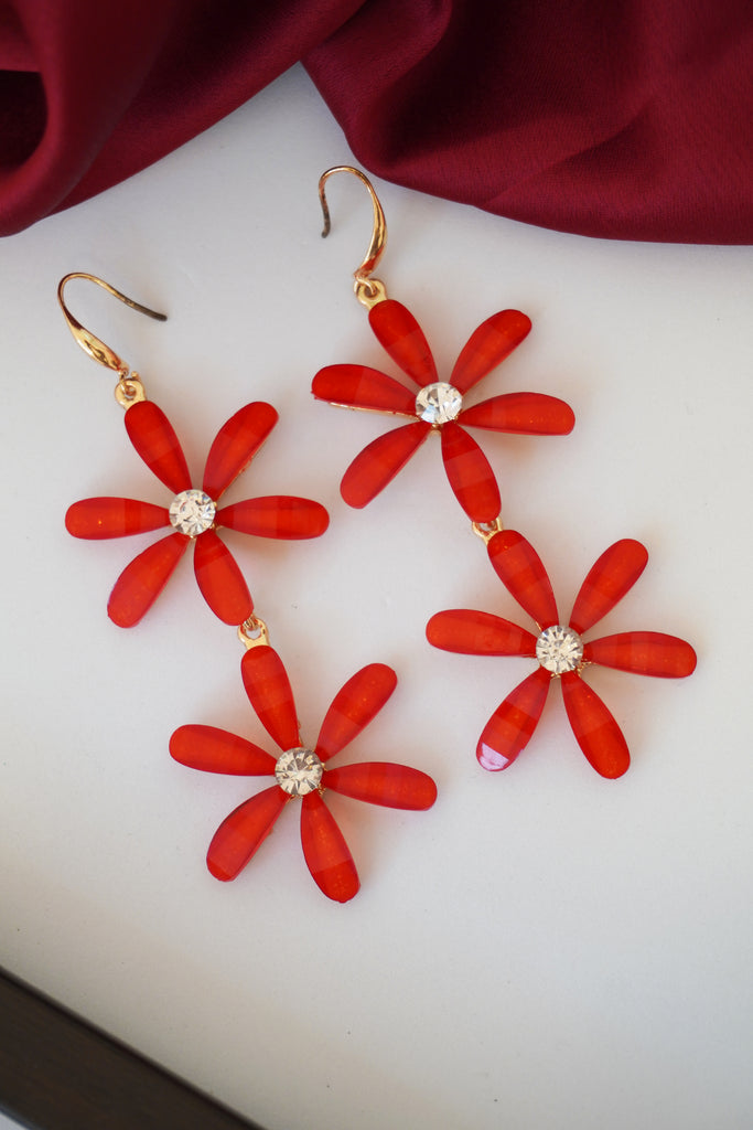 Red Flower Dangle Statement Earrings - Earrings
