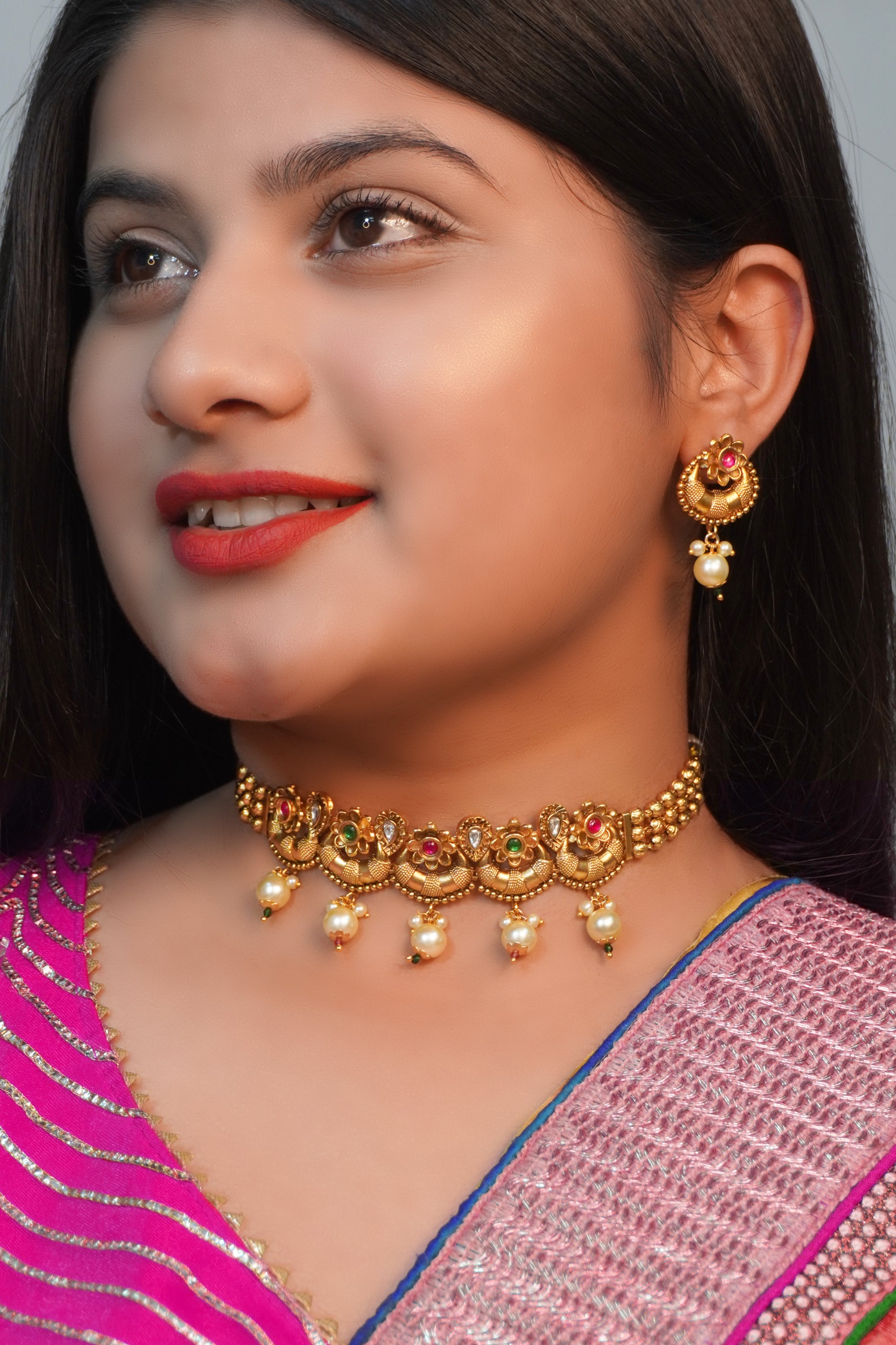 Gold Traditional Pearl Choker Necklace Set-Gold Choker Necklace