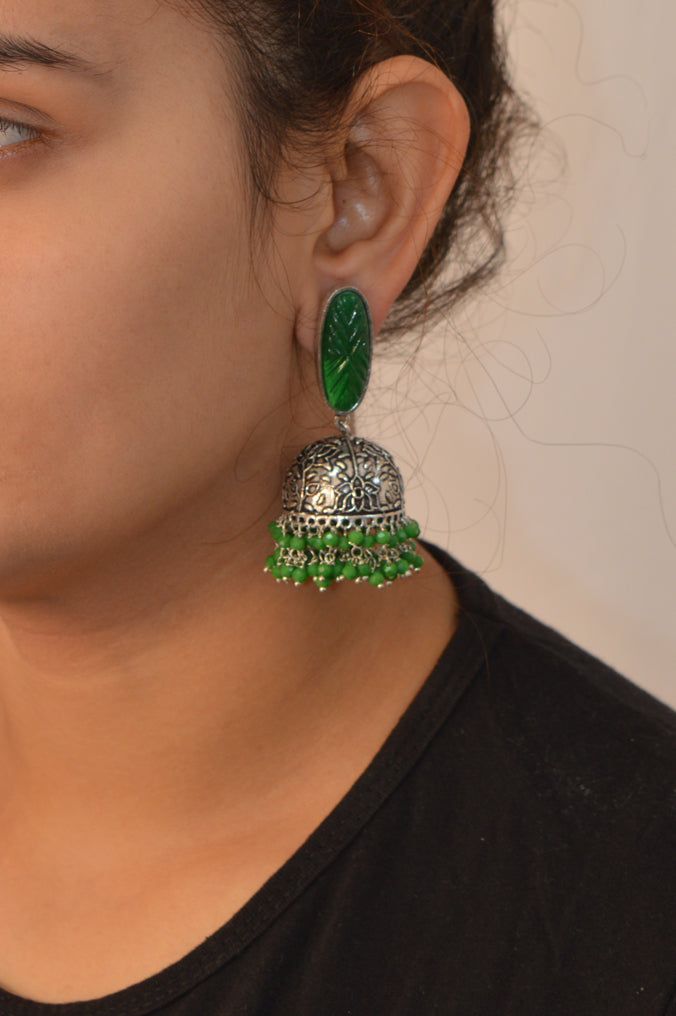 Oxidized Swanky Jhumki Green Colour Earring - Zumka