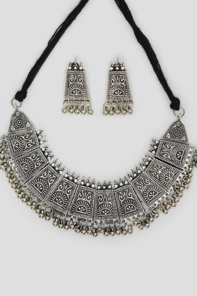 Boho Look Oxidized Necklace Set With Earring - Oxidised Jewellery 