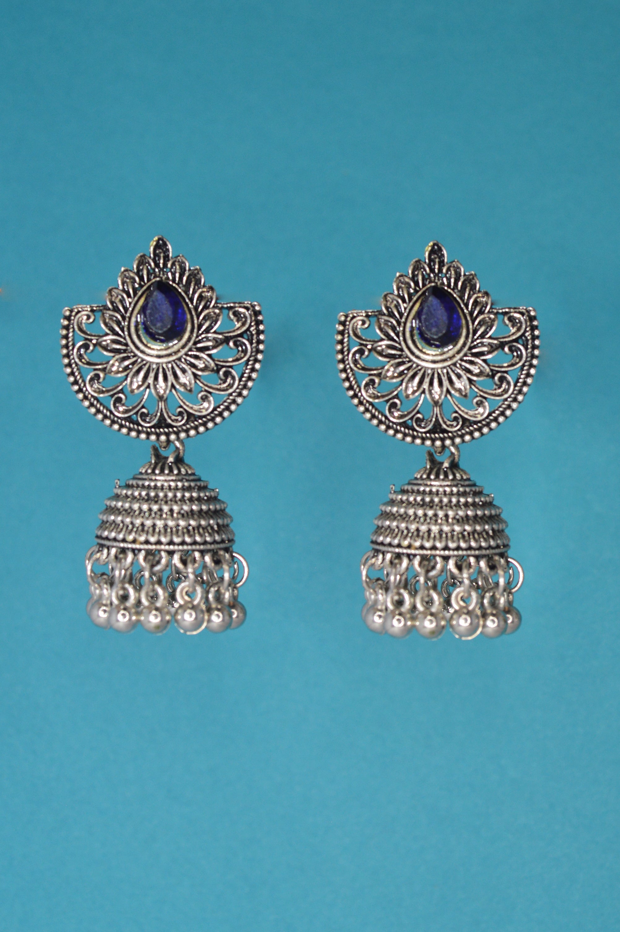 Blue Stone Oxidised Jhumki Earring Set Online - Buy Latest & Traditional Jhumkas