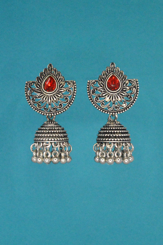 Red Stone Oxidised Jhumki Earring Set for Women - Niscka