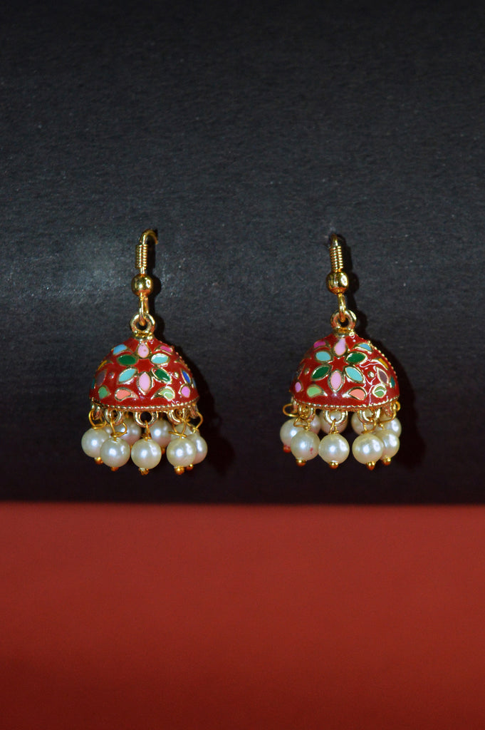 Red Meenakari Jhumka Earrings for Women - Niscka 