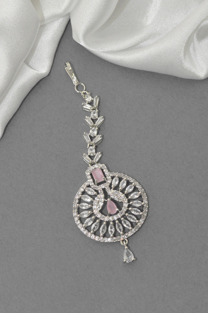 Stylish Pink Stone American Diamond Silver Plated Maangtikka for Women 