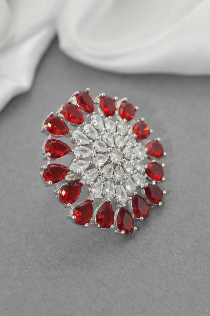 Stylish American Diamond Silver Plated with Red Stones Handcrafted Ring