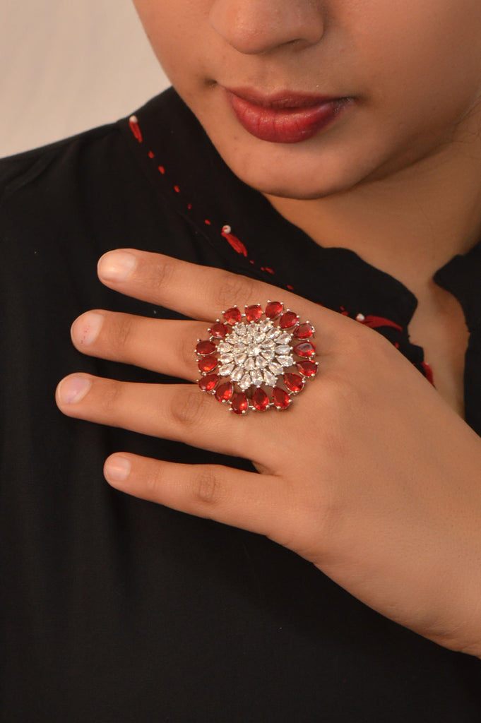 Stylish American Diamond Silver Plated with Red Stones Handcrafted Ring Online