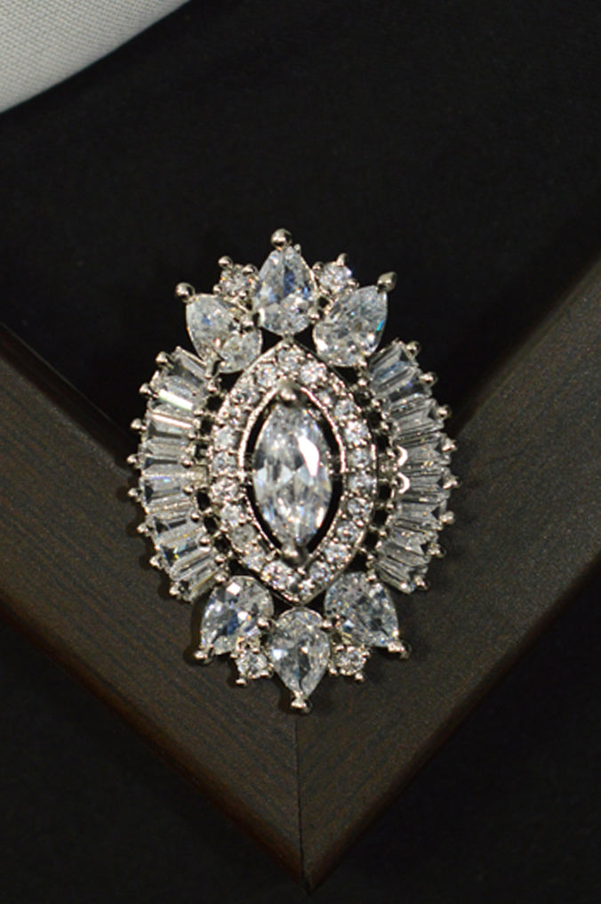 Silver Plated American Diamond Stone Studded Designer Ring - Niscka