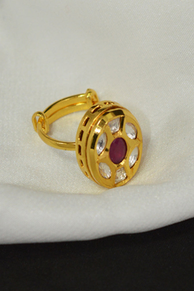 Gold Plated Adjustable Oval Kundan Ring ( Pink ) - Niscka