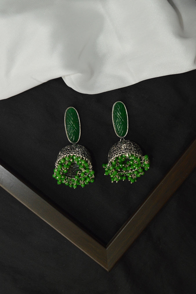 Oxidized Swanky Jhumki Green Colour Earrings - Niscka