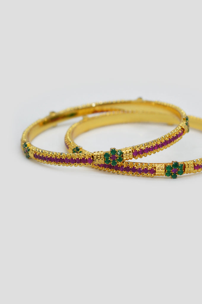Gold Plated Stone Bangle Pair with Green and Purple Stones - Bangle