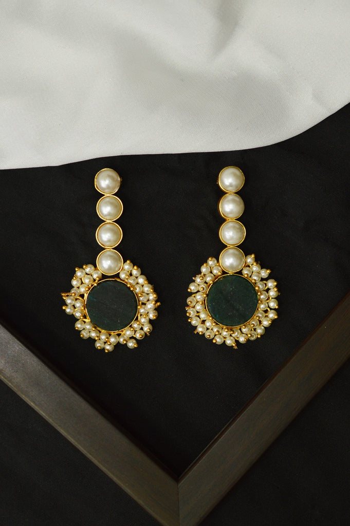 Green Druzy Stone Studded Pearl Earrings - Niscka