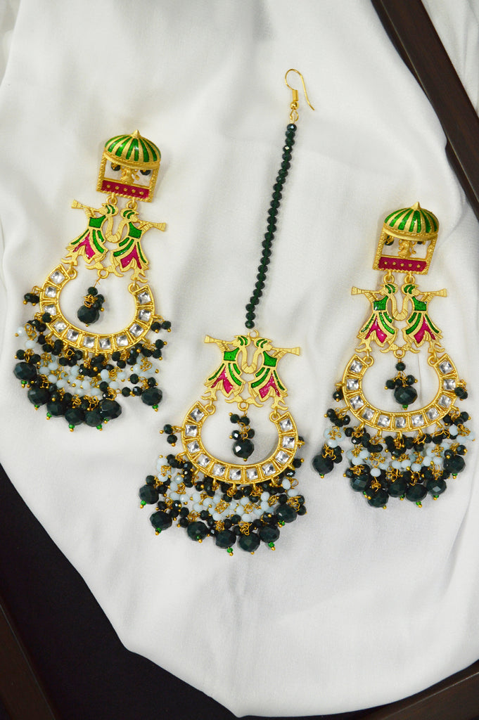 Bottle Green Beaded Kundan Gold Plated Earring Maang Tikka Set - Maang tikka with Earrings online