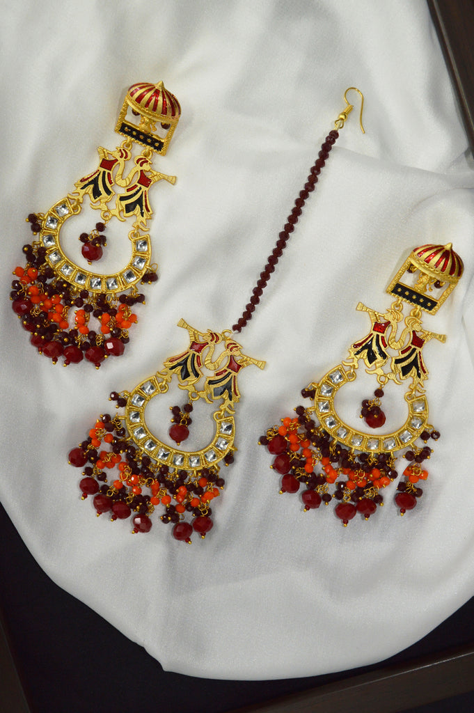 Royal Red Beaded Kundan Gold Plated Earring Maang Tikka Set - Latest Maang Tikka 