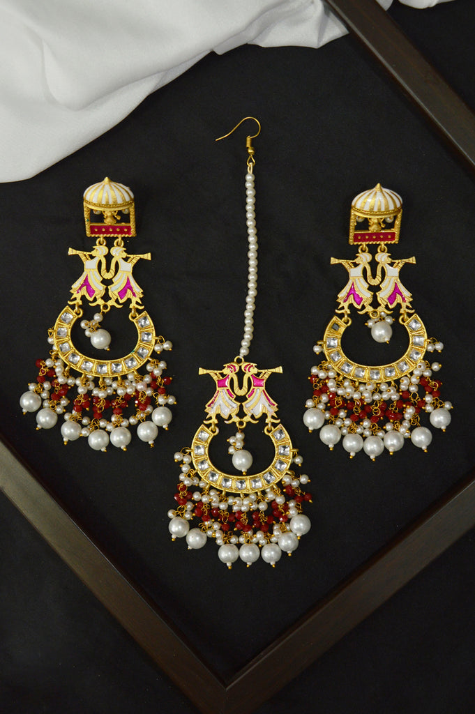 White Beaded Kundan Gold Plated Earring Maang Tikka Set - Buy Tikka Jewellery Earrings online