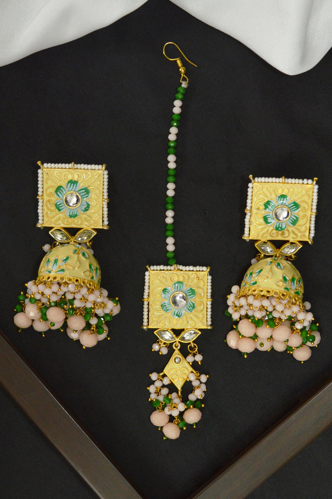 Kundan Beads Earrings and Modern Maang Tikka Set  - Maang Tikka with Earrings