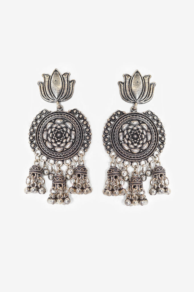 Oxidised Jhumki Earrings with Lotus Stud - Niscka