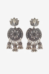 Oxidised Jhumki Earrings with Lotus Stud - Niscka