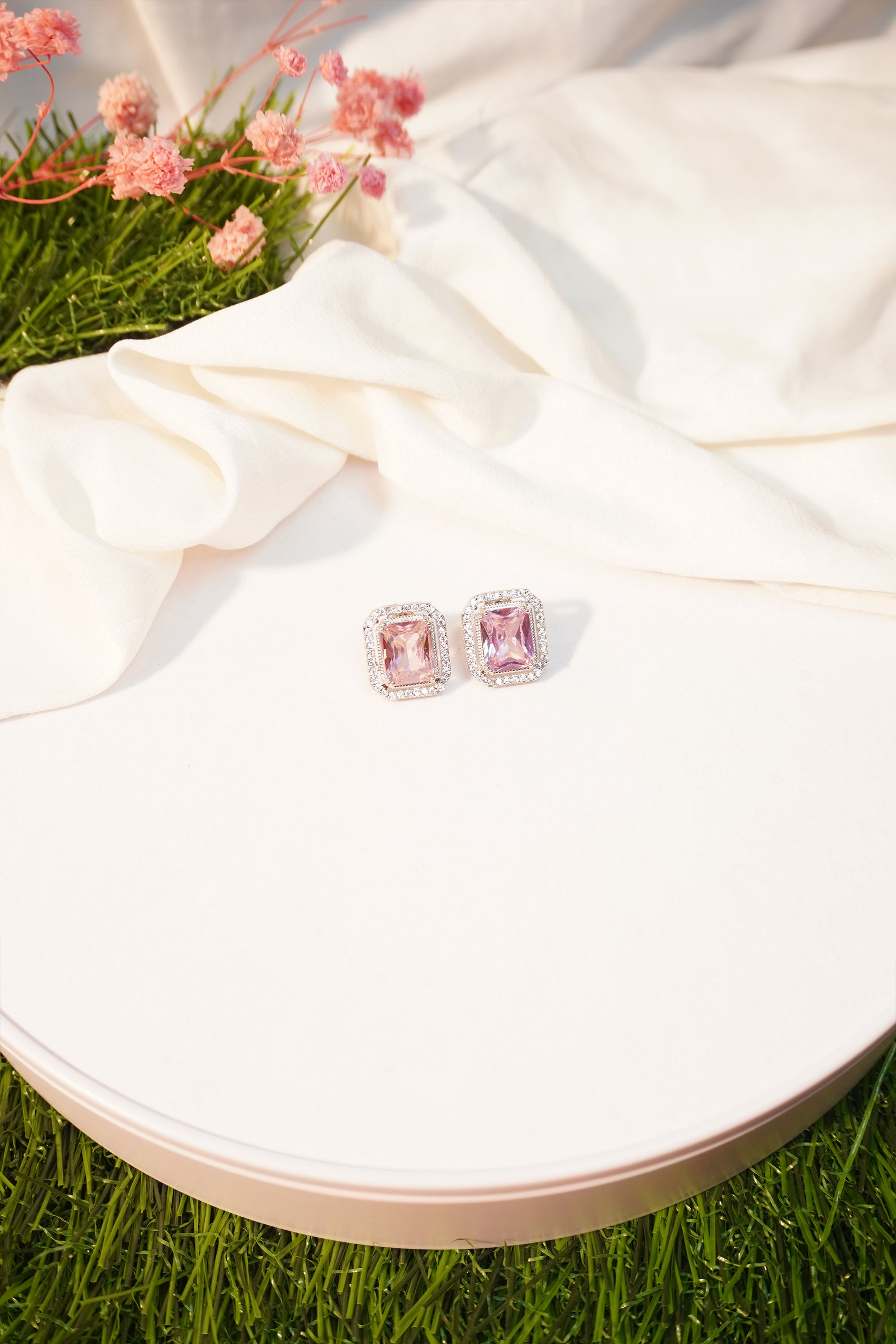 Pink American Diamond and Cubic Zircons studs Earring