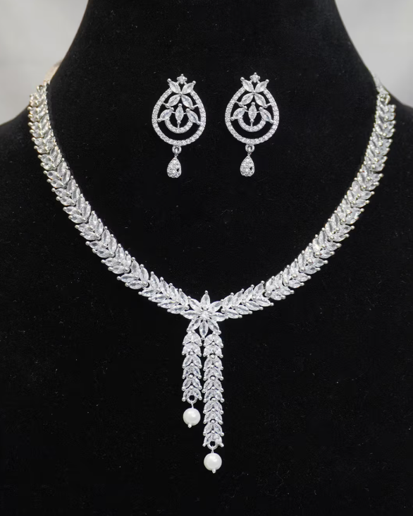 American Diamond Pearl Silver Necklace Set
