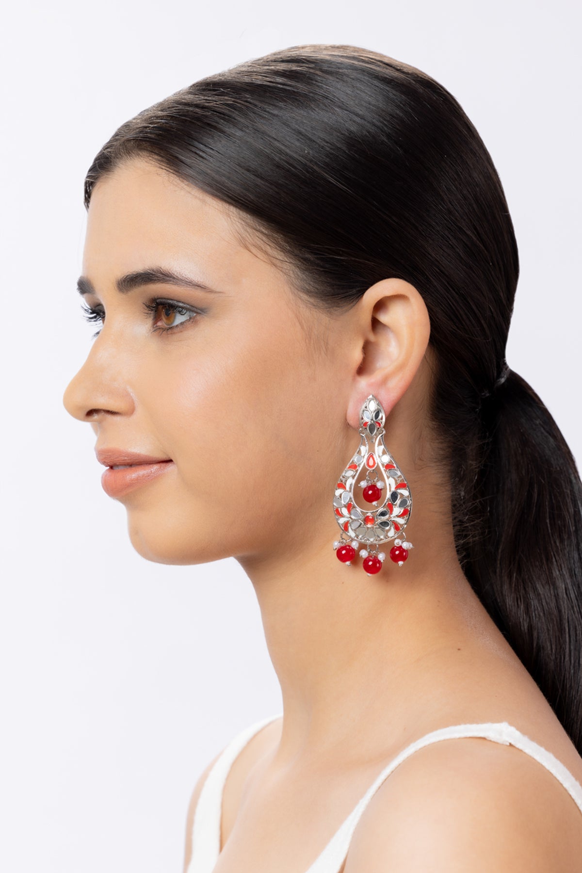 Silver Plated Red Stone Meenakari Earrings with Mirror Work