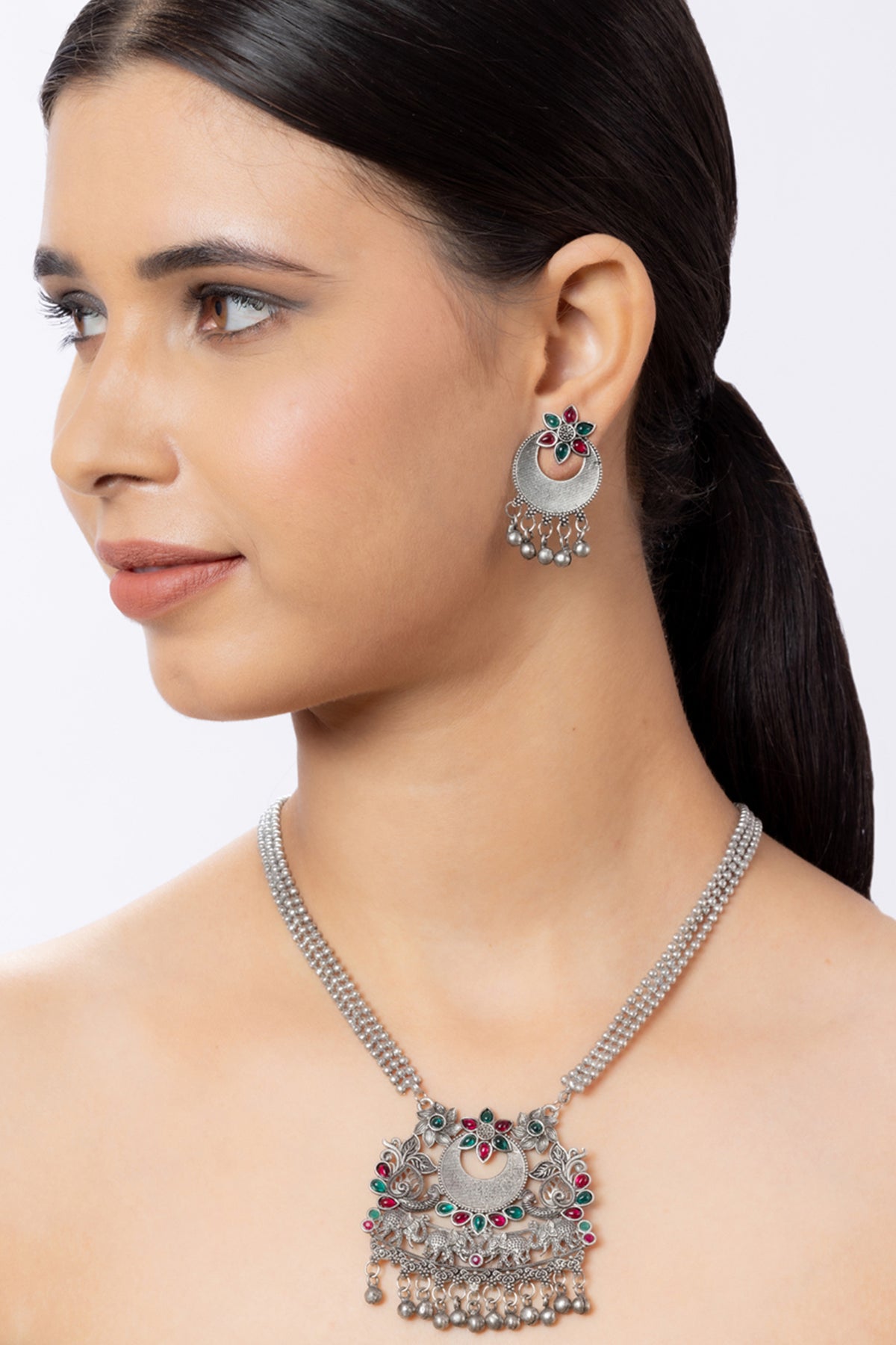 Vintage Long Silver Oxidized Necklace Set