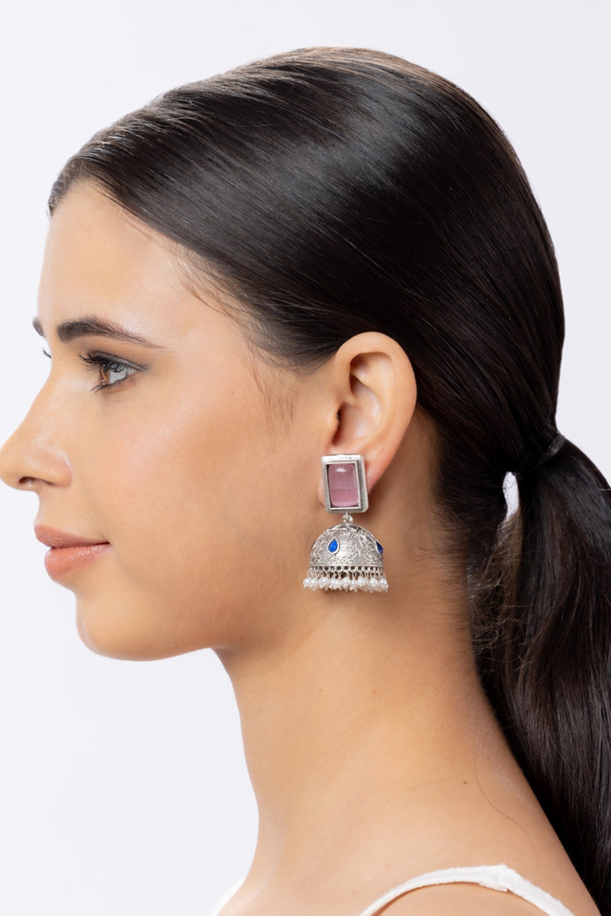 Silver Oxidised Pink Stone Jhumki Earring