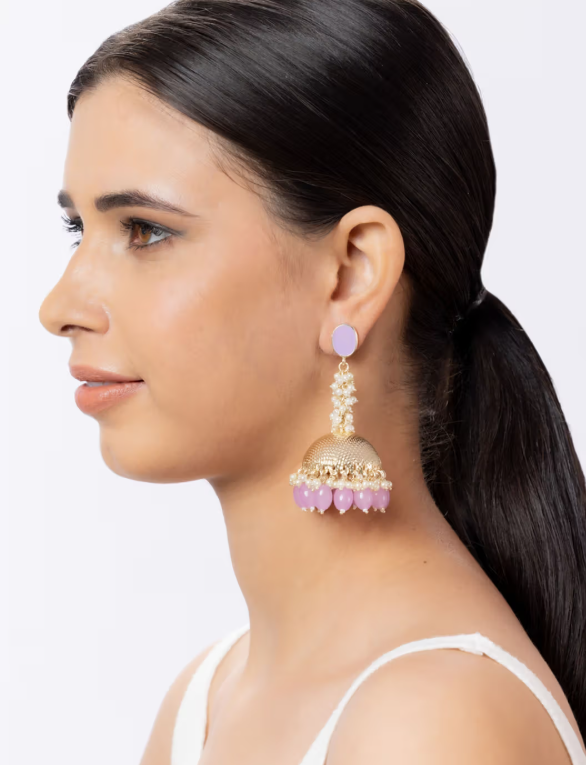 Purple Stone Gold Plated Long Earrings with Pearl