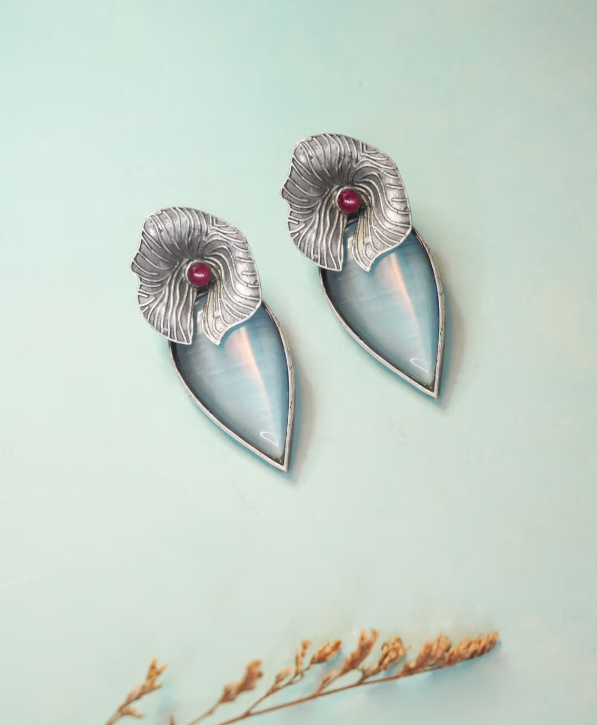 Blue Stone Oxidised Floral Drop Earring