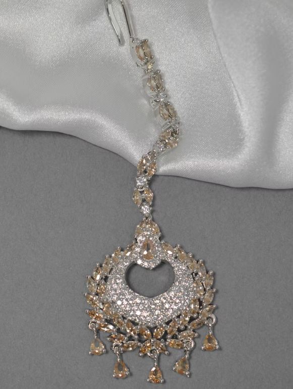Brown American Dimond Silver Cz Maang Tikka
