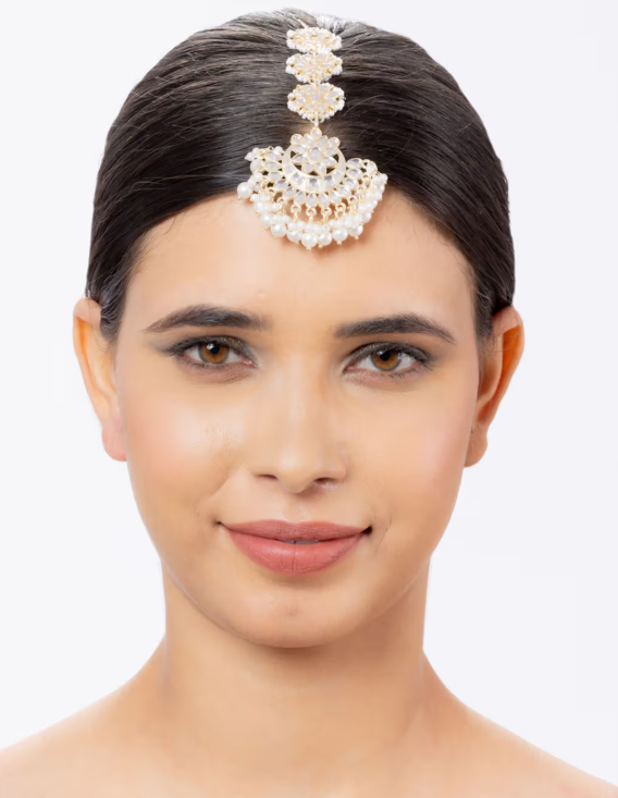 Ethnic Kundan Pearl Gold Plated Floral Maang Tikka